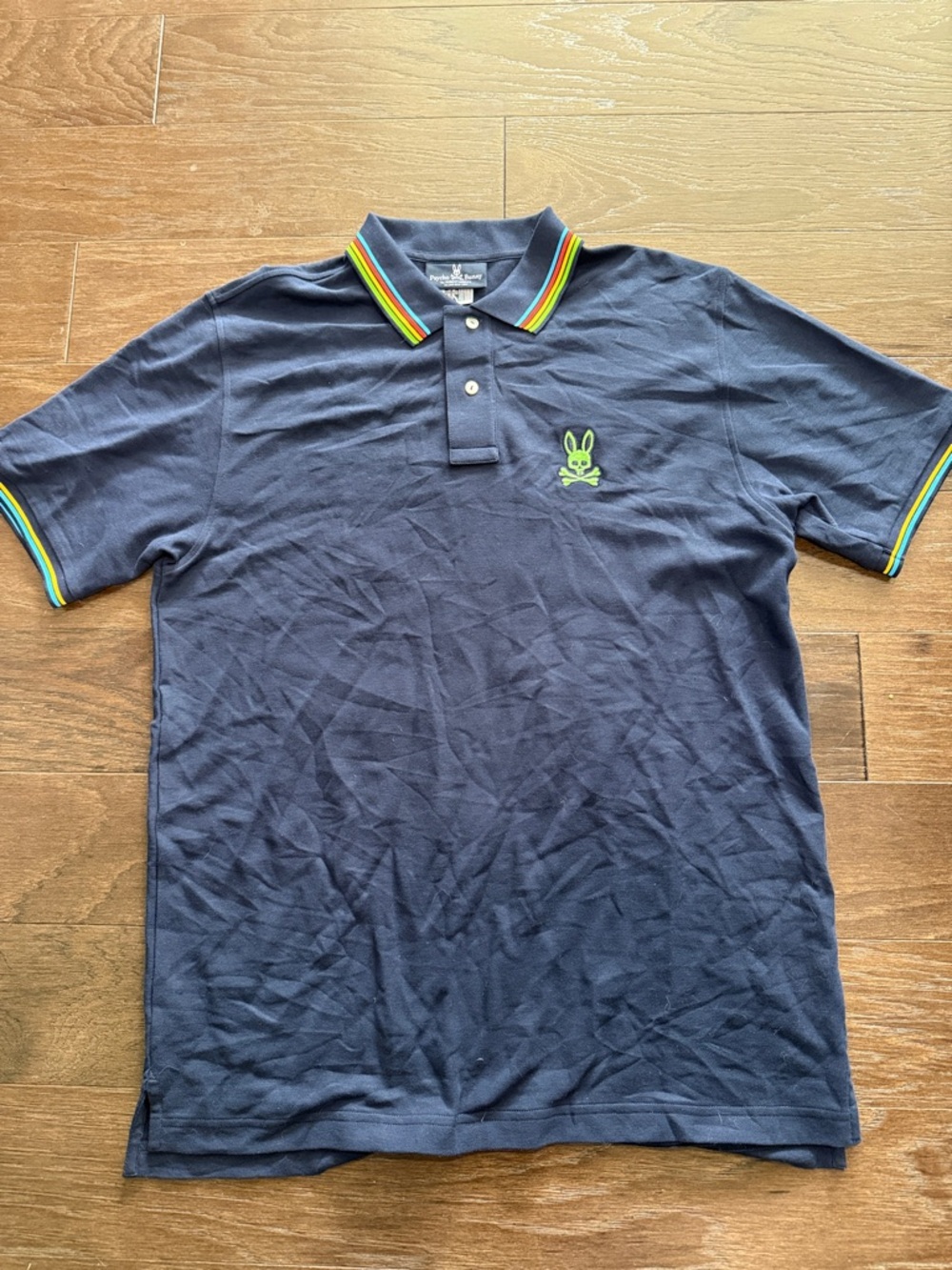 Psycho Bunny Navy Polo with Rainbow-Trim Collar and Lime Logo